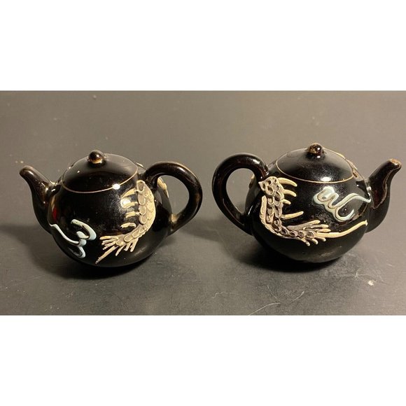 Vintage Dragonware Salt Pepper Teapot Set Moriage Black Japanese Tea Garden - Picture 1 of 7